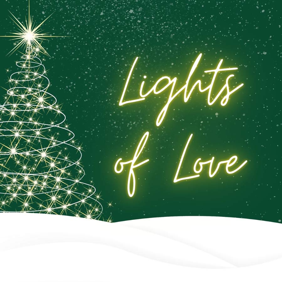 Picture of a lit Christmas Tree in the snow with the words Lights of Love